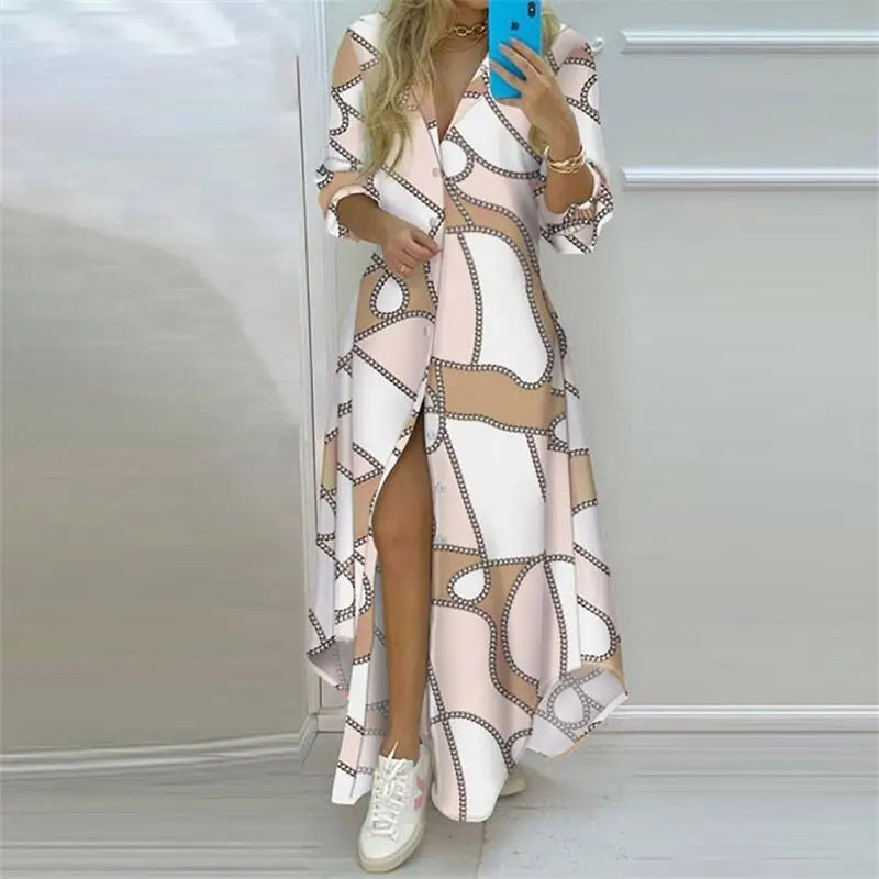 Summer Women Boho Printed Long Shirt Dress | Elegant Turn-Down Collar Long Sleeve Casual Maxi Dress