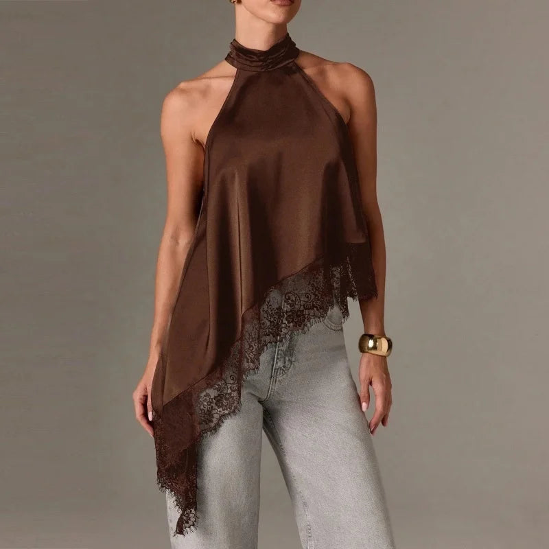 Women Y2K Mock Neck Halter Top – Satin Lace Asymmetrical Hem Sleeveless Crop Tank