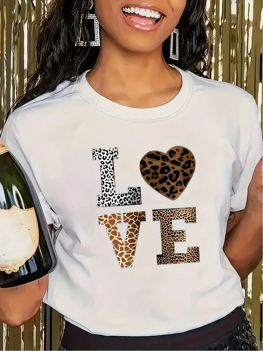 Fashion White “Love” Leopard Heart Pattern T-Shirt – Casual Round Neck Short Sleeve Tee