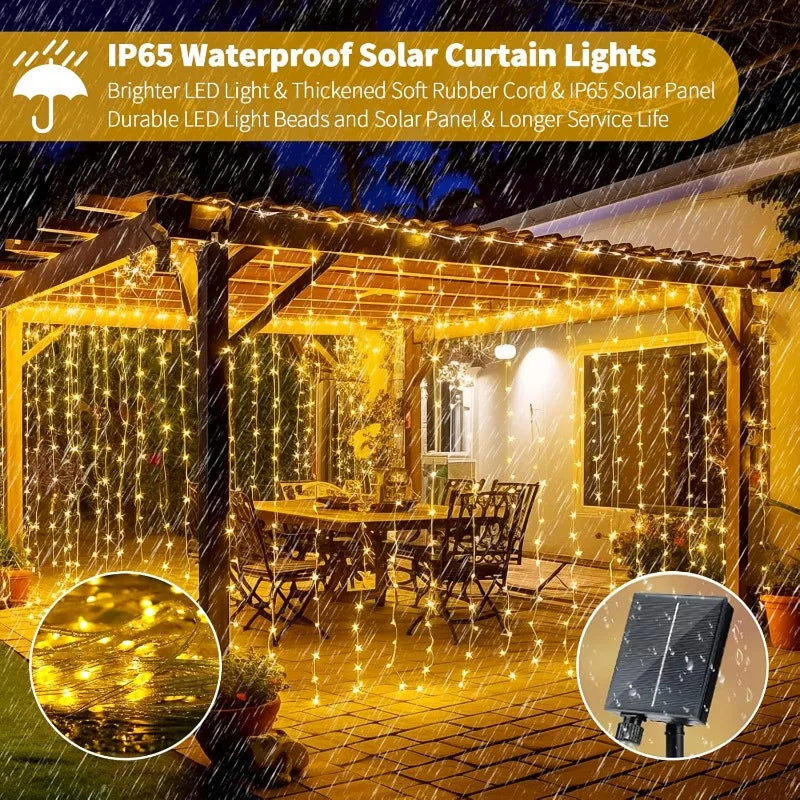 3×3M Solar Curtain String Lights – 300 LED Outdoor Decorative Lights with 8 Lighting Modes for Christmas, Halloween, Garden & Party Decor