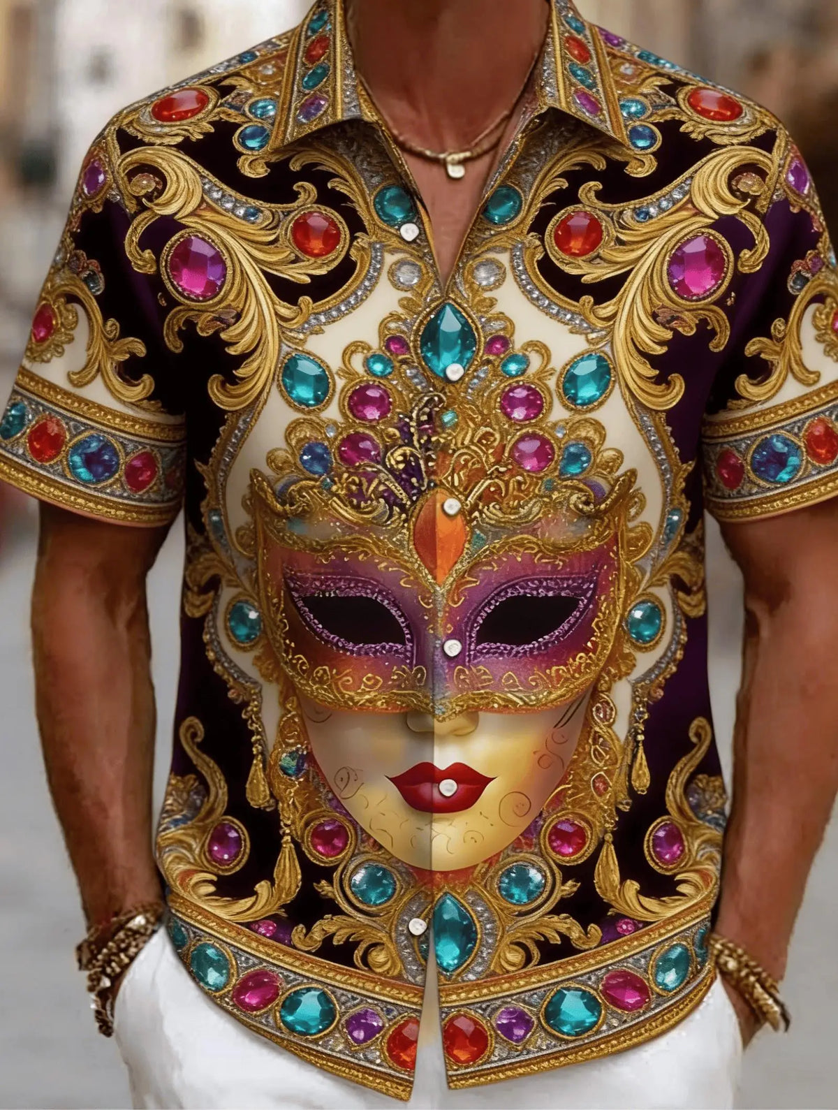 Men's Venetian Mask Print Shirt – Luxury Baroque Short Sleeve Button-Up, Loose Fit Casual Summer Party Top