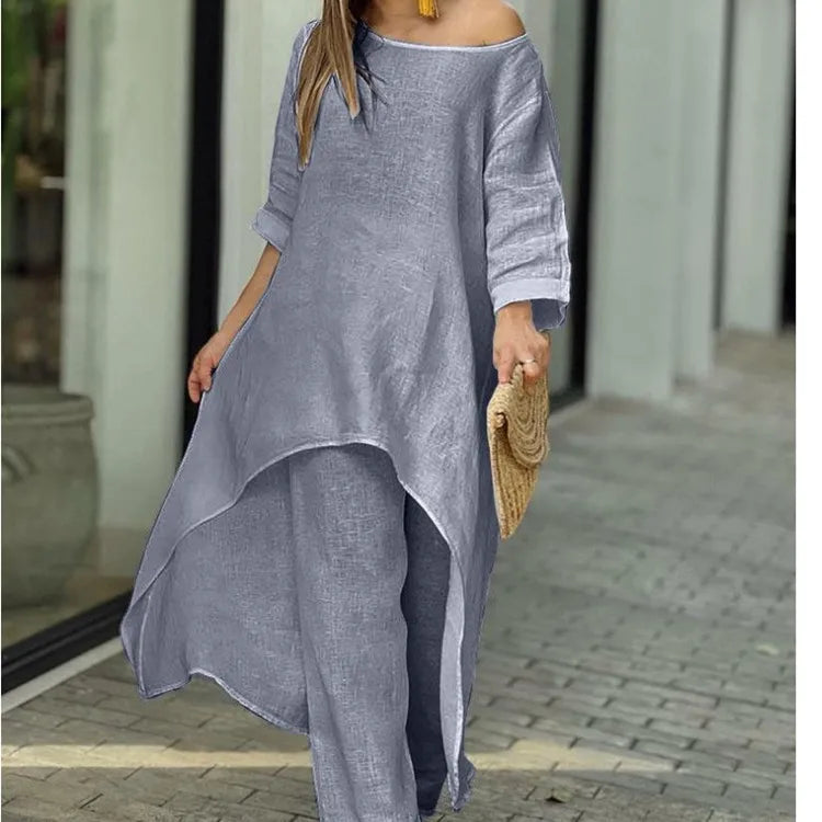 Two-Piece Women's African Outfit – Cotton Linen Top & Oversized Trousers