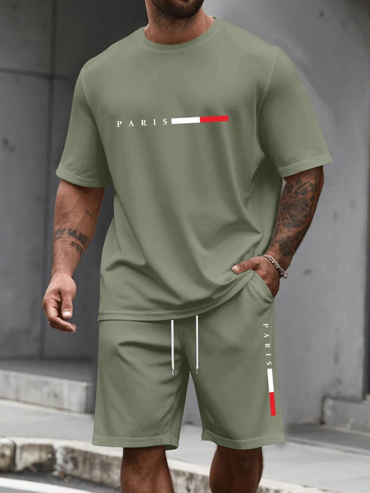 Men’s 2-Piece Tracksuit Set – O-Neck Short Sleeve Shirt & Matching Shorts Running Suit
