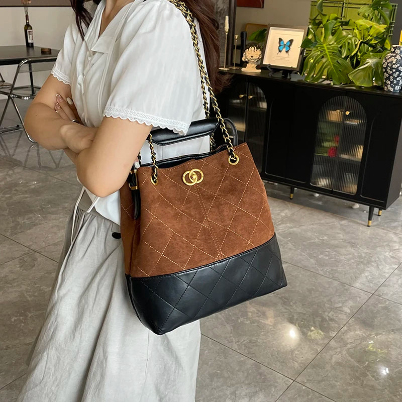 High-End Textured Quilted Chain Satchel Bucket Bag