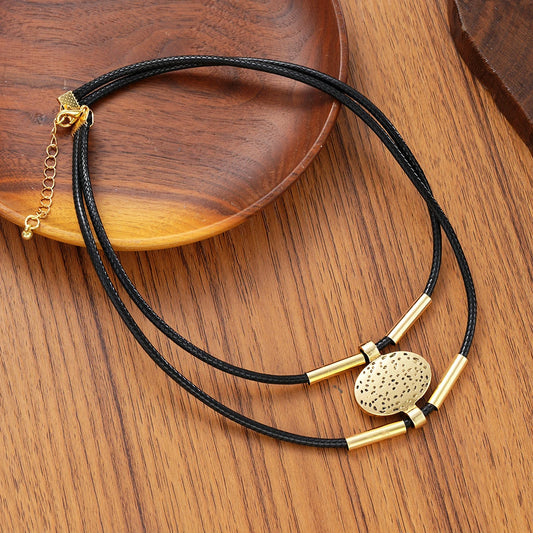 Vintage Oval Metal Faux Leather Necklace & Bracelet Set