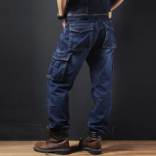 Men's Multi-Pocket Straight Cargo Jeans – Loose Fit Casual Denim