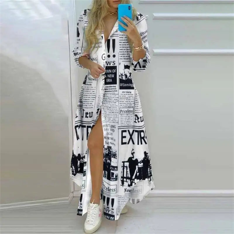 Summer Women Boho Printed Long Shirt Dress | Elegant Turn-Down Collar Long Sleeve Casual Maxi Dress