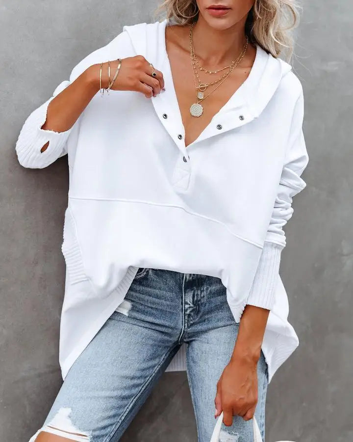 Stay Cozy in Style – Casual Loose White V-Neck Hooded Sweatshirt for Women