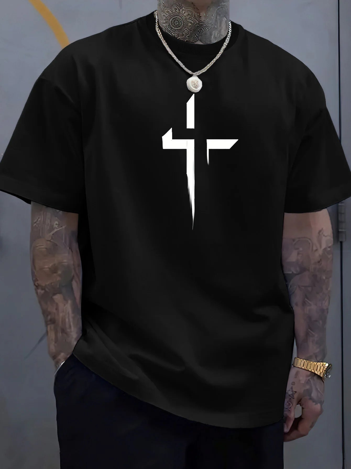 Men’s Summer Casual T-Shirt – 100% Pure Cotton, Plus Size, Creative Cross Prin