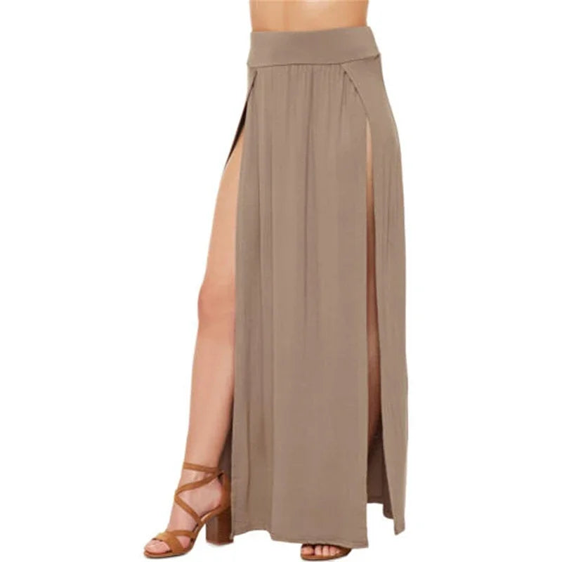 New Arrival High Waisted Sexy Women's Double Slits Summer Solid Long Maxi Skirt