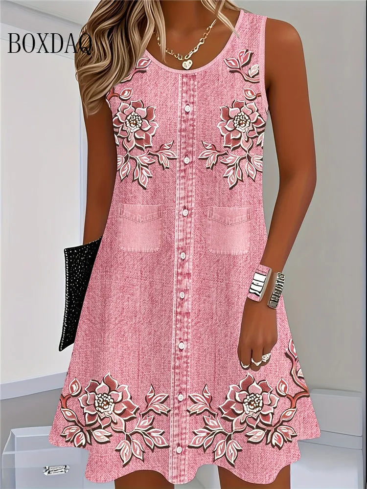 Bohemian Fashion Dress Cowboy Vest Floral Print Casual Tank Beach Dress