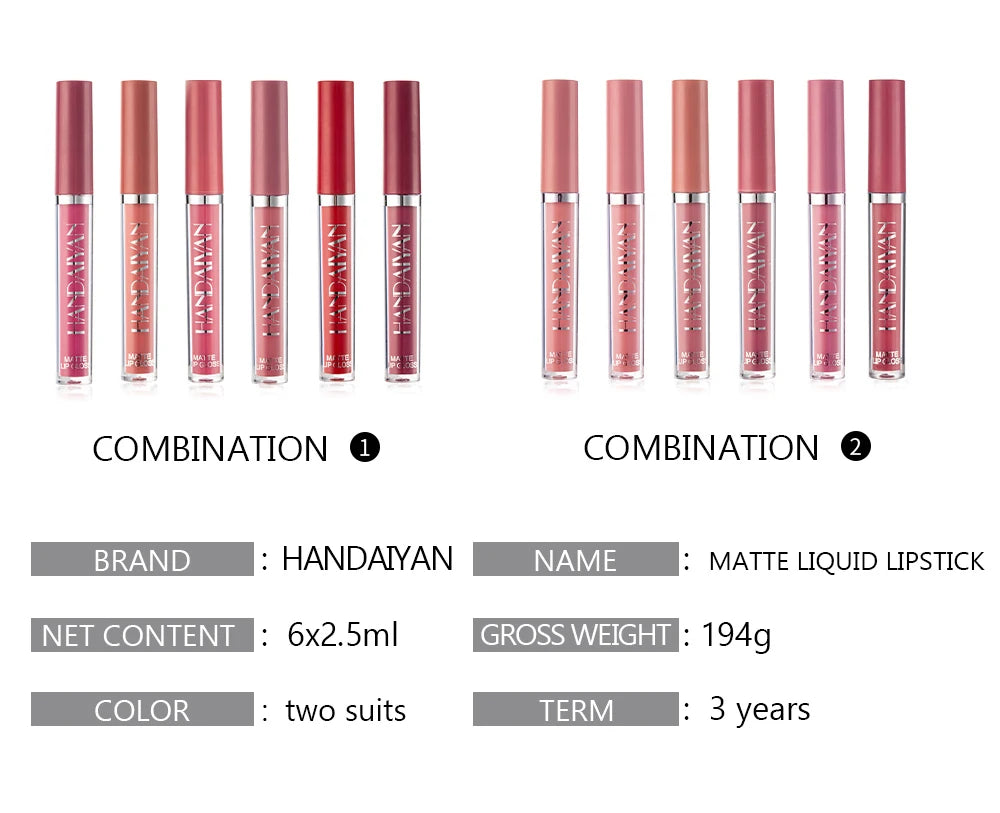 HANDAIYAN Set of 6 Non-Stick Liquid Lipsticks in Cup Packaging