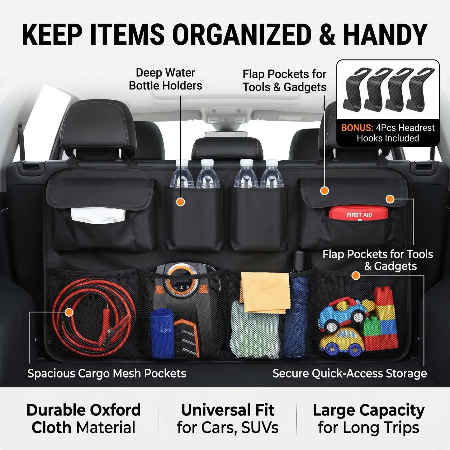 Car Trunk Organizer, Backseat Hanging Organizer with Large Storage Bag, Extra-Large Capacity Cargo Storage Organizer for SUVs, Trucks & Vans