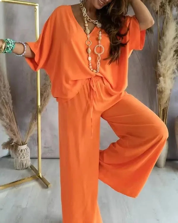 Women’s Summer Two-Piece Pant Set – V-Neck Bat Sleeve Casual Loose Outfit