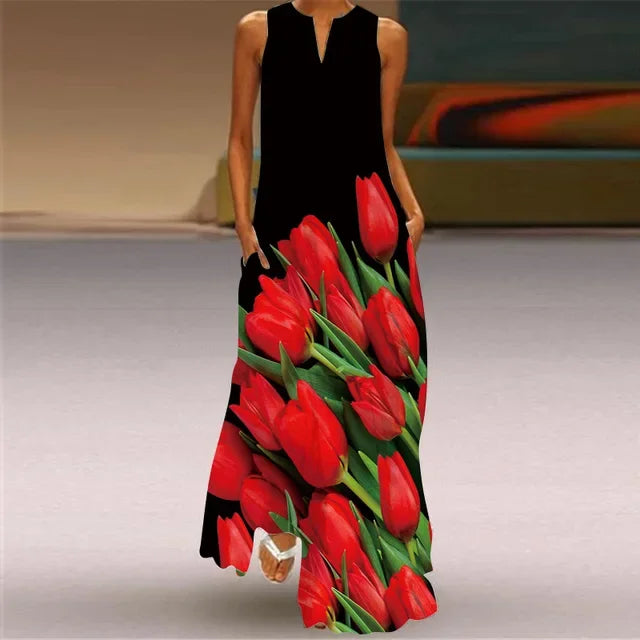 Summer Women’s Artistic Retro Sleeveless V-Neck Oversized Swing Maxi Dress | Casual Loose Boho Long