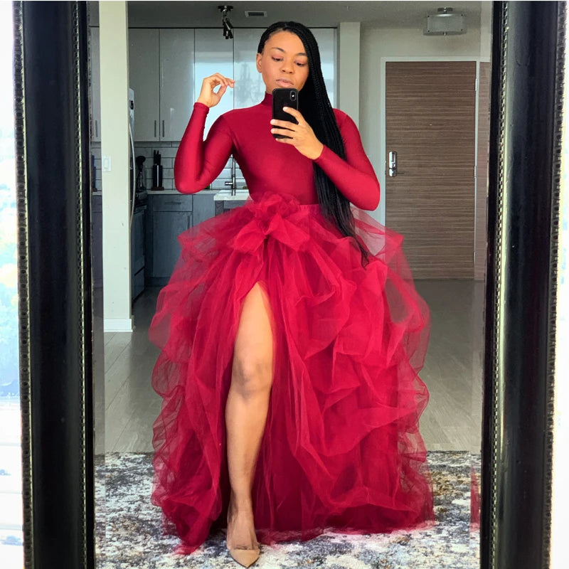 Women’s Tutu Long Skirt – Front Split Layered Tulle Puffy Skirts
