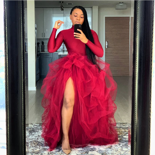 Women’s Tutu Long Skirt – Front Split Layered Tulle Puffy Skirts