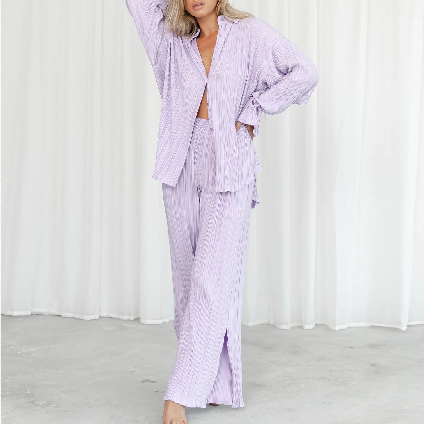 Elegant Pleated Pajama Set – Women’s 2-Piece Loungewear