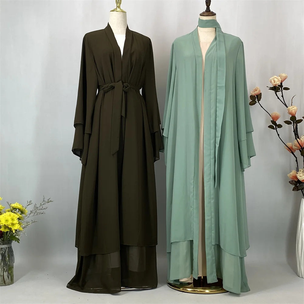 Latest Muslim Abaya – Two-Layer Chiffon Elegant Cardigan Robe for Women