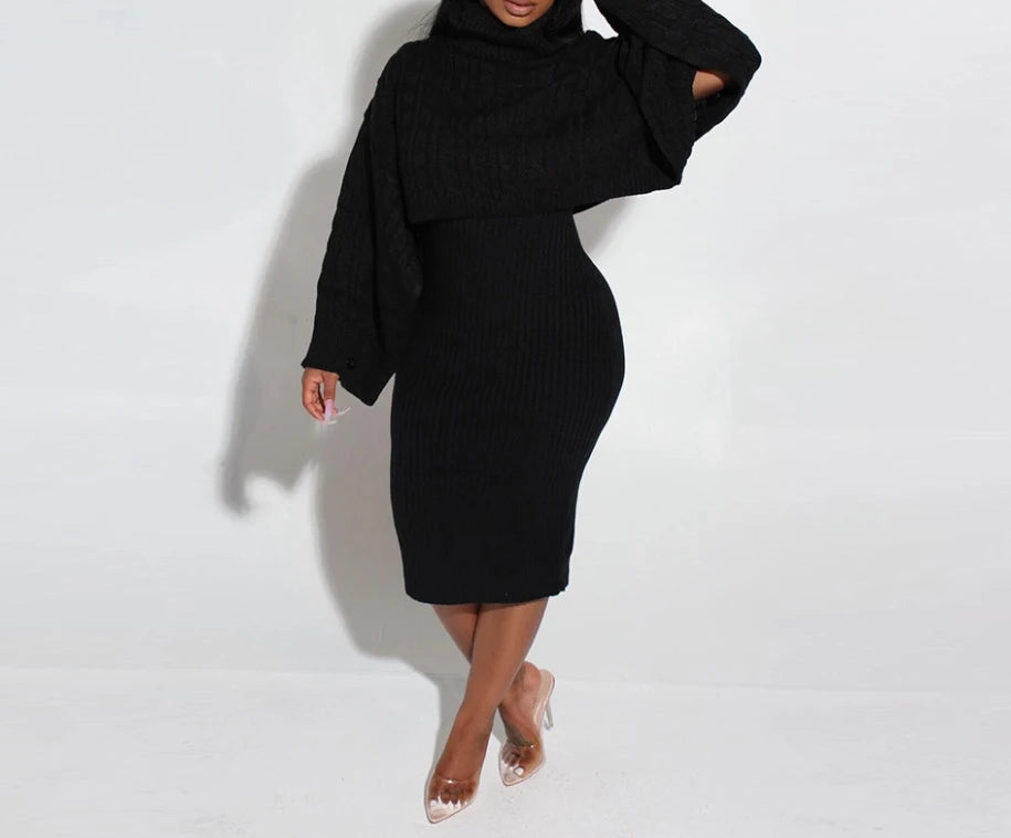 Women’s Sweater Dress Set [Turtleneck Ribbed Sweater & Knitted Strap Dress]