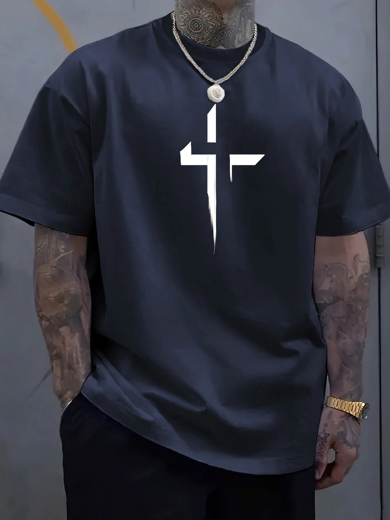 Men’s Summer Casual T-Shirt – 100% Pure Cotton, Plus Size, Creative Cross Prin