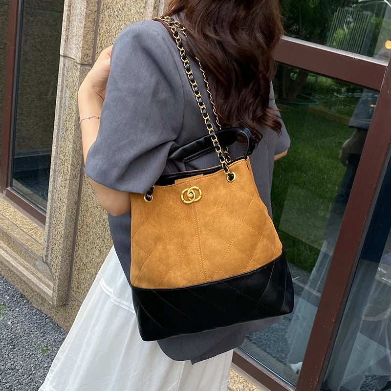 High-End Textured Quilted Chain Satchel Bucket Bag