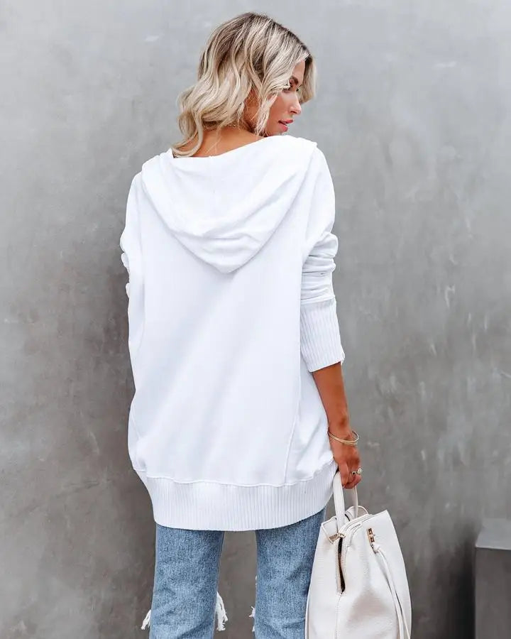 Stay Cozy in Style – Casual Loose White V-Neck Hooded Sweatshirt for Women
