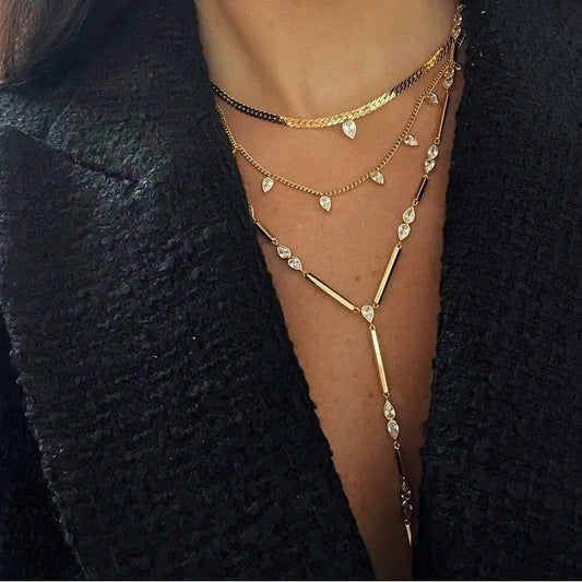 Fashion Special Water Drop Bling Oval CZ Choker Necklace Gold Color Lariat Long Bar Tear Drop Y Shape Long Tassel Women Jewelry