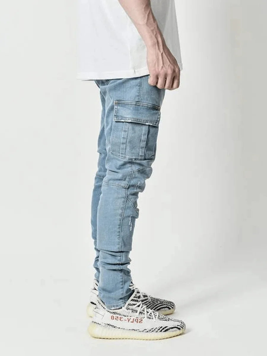 Men’s Washed Solid Color Multi-Pocket Denim Cargo Jeans – Mid Waist Casual Pants
