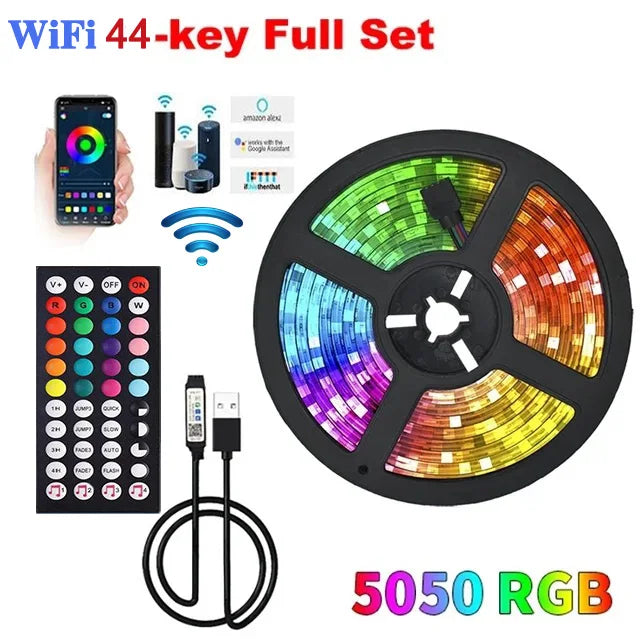 USB RGB LED Strip Kit (1M–30M) – Music Sync, WiFi/App Control, Sound Activated, 44-Key Remote, DC 5V