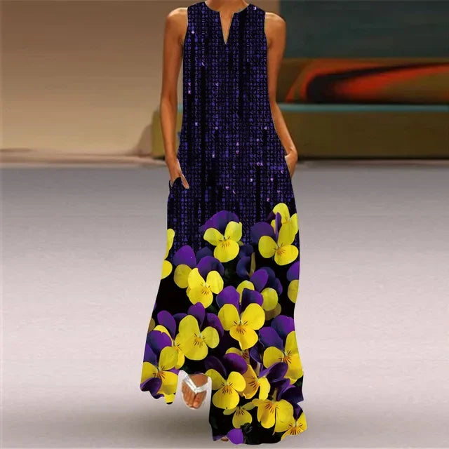 Summer Women’s Artistic Retro Sleeveless V-Neck Oversized Swing Maxi Dress | Casual Loose Boho Long