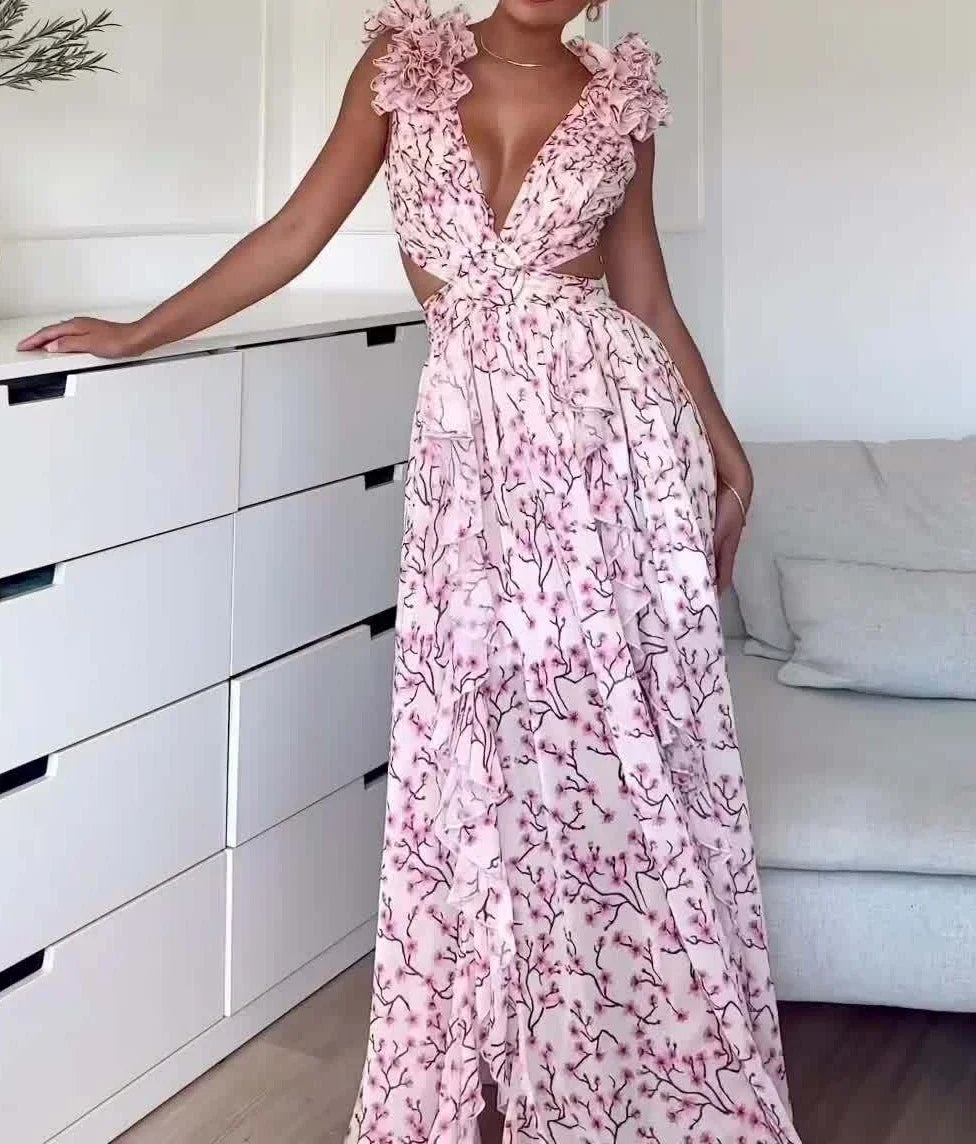 Summer Women's Long Skirt – Elegant Print, Backless & Sleeveless