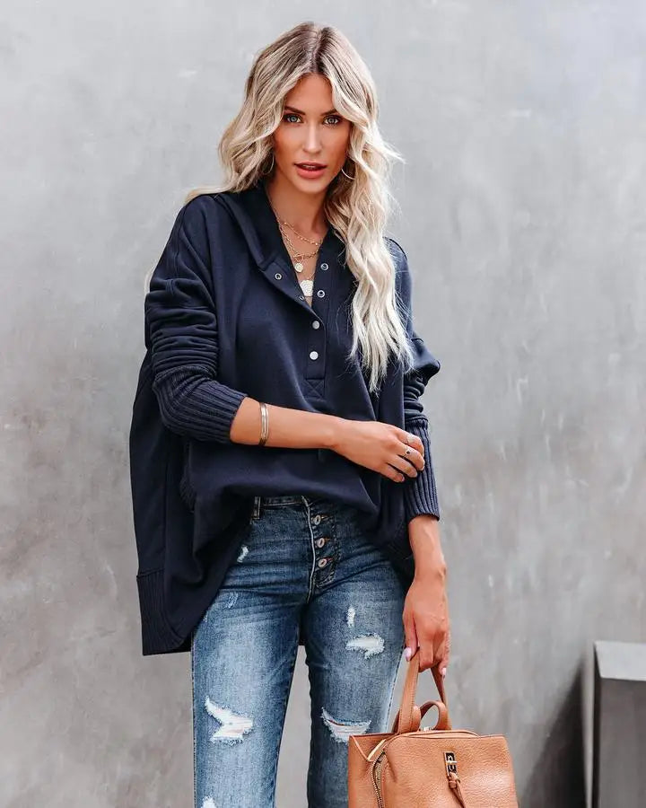 Stay Cozy in Style – Casual Loose White V-Neck Hooded Sweatshirt for Women