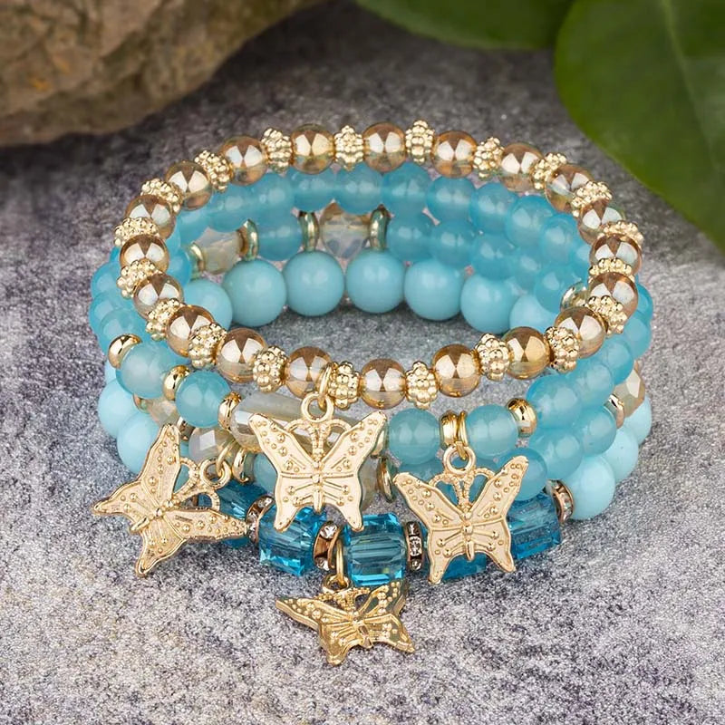 4-Piece Trendy Butterfly Beaded Bracelet Set for Women