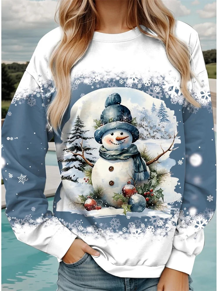 Women’s Christmas Sweatshirt – Snowman & Snowflake Print | Cozy Y2K Streetwear Hoodie