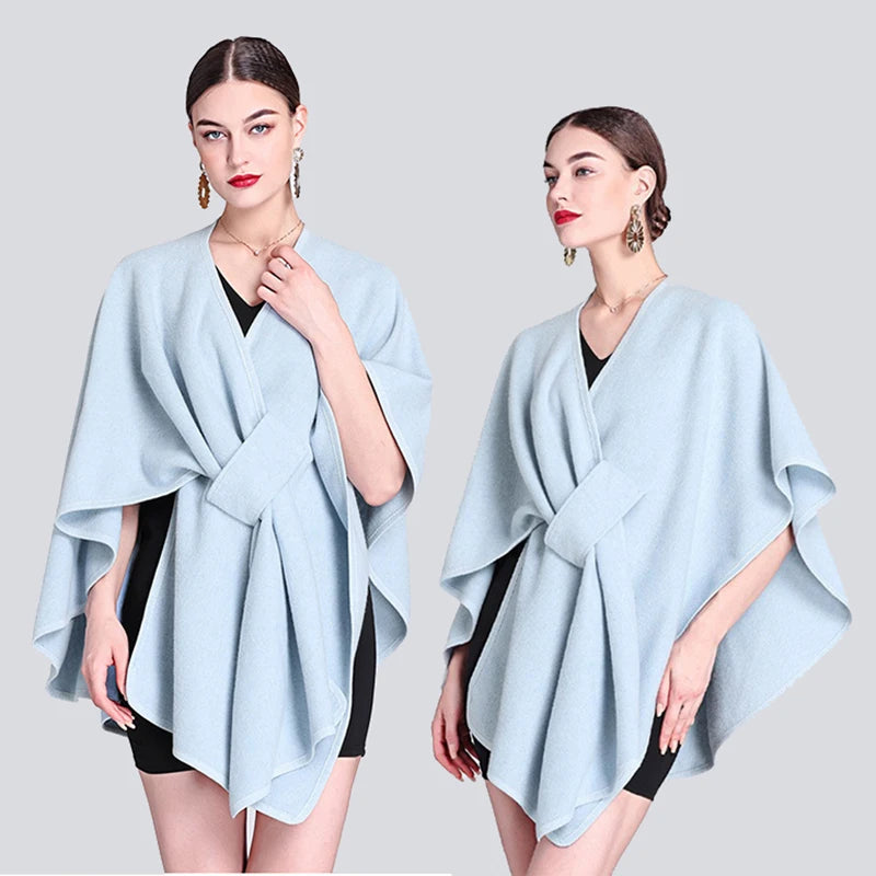 Fashion Side Strap Wool-Blend Poncho Cape – Autumn/Winter Women’s Cardigan Shawl Cloak