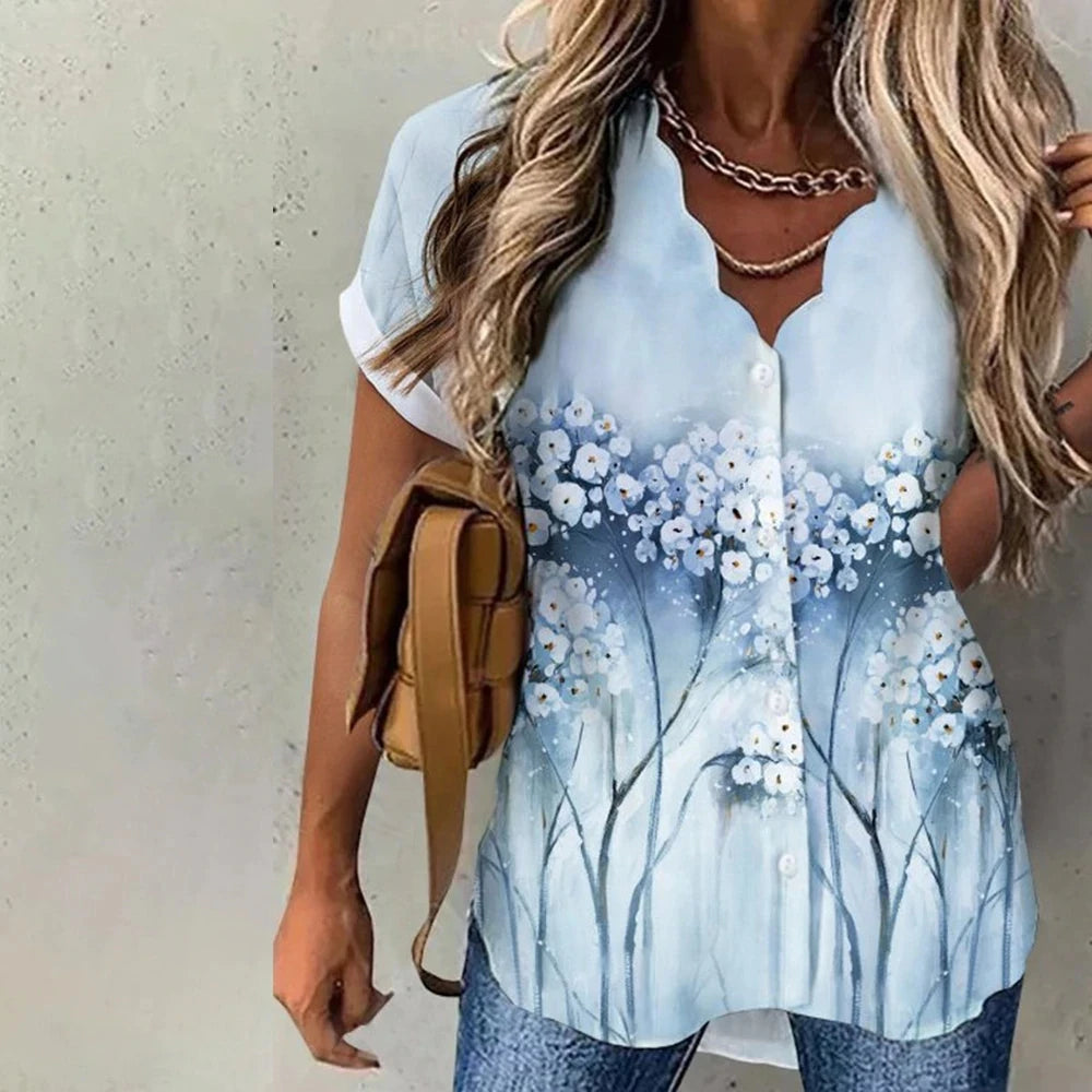 Women’s Floral Blouse Shirt – Short Sleeve, Button-Up