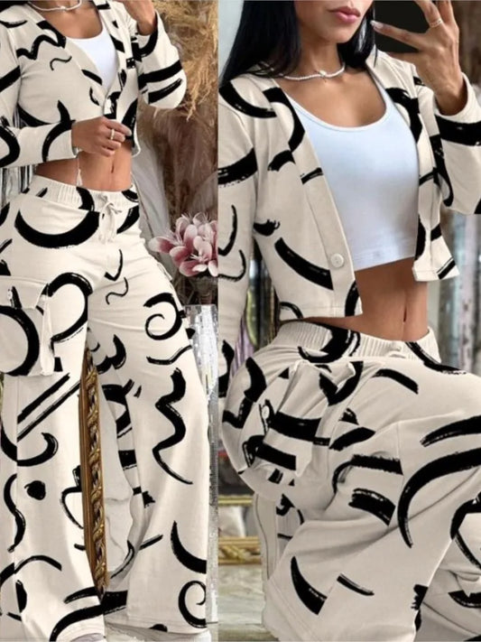 Women's Spring/Summer 2-Piece Set – Printed Crop Top & Casual Pants