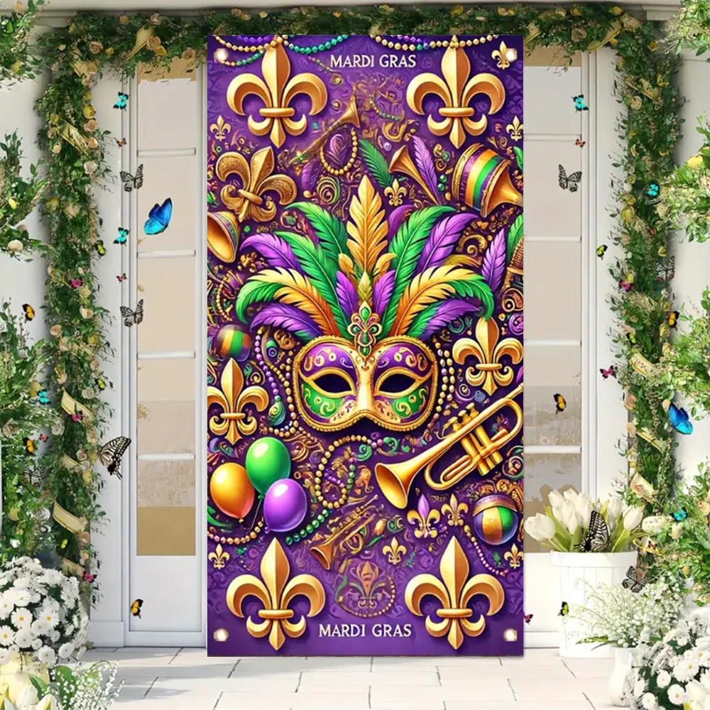 Mardi Gras Door Cover Banner – Colorful Masquerade Mask & Feather Print Backdrop for Party Decorations, Porch, Indoor & Outdoor Celebrations