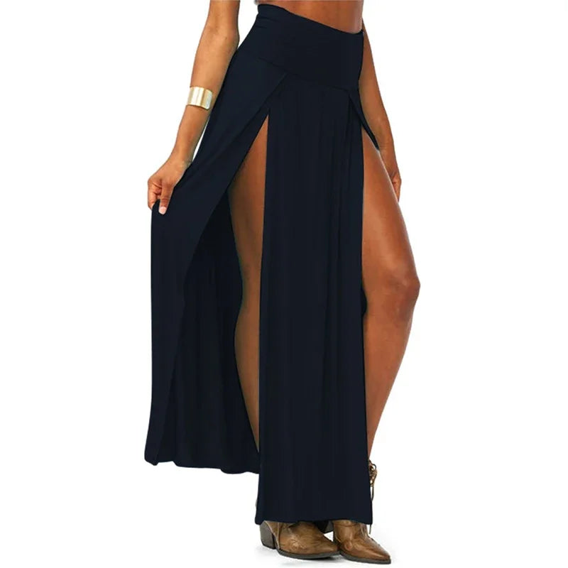 New Arrival High Waisted Sexy Women's Double Slits Summer Solid Long Maxi Skirt