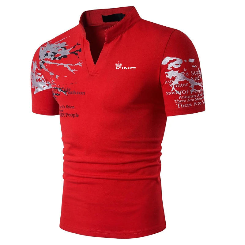 Men’s Graphic Print Polo Shirt – V-Neck Short Sleeve Streetwear