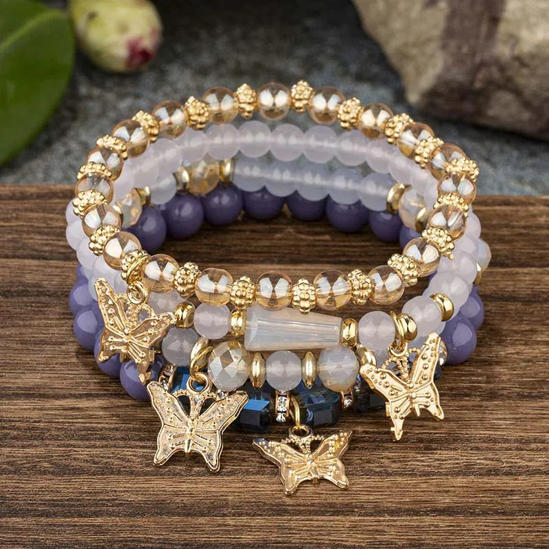 4-Piece Trendy Butterfly Beaded Bracelet Set for Women