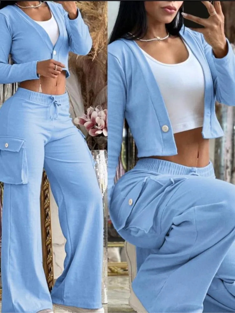 Women's Spring/Summer 2-Piece Set – Printed Crop Top & Casual Pants