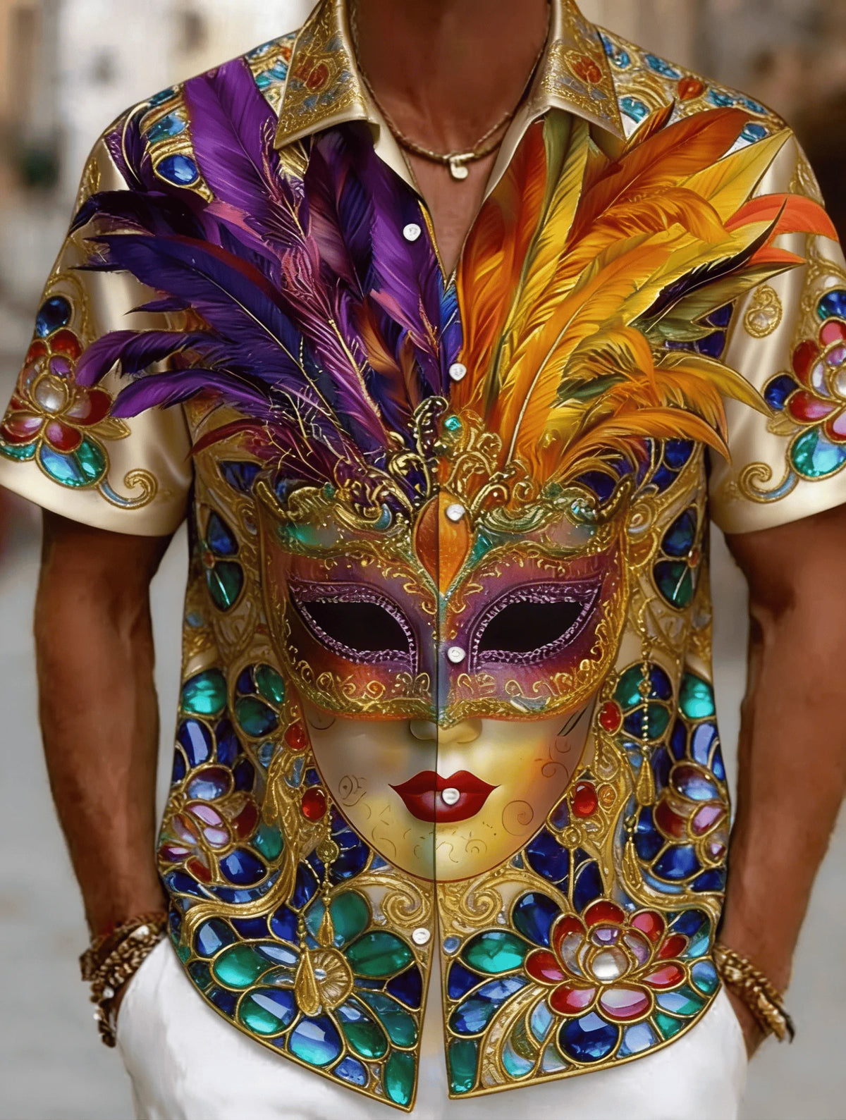 Men's Venetian Mask Print Shirt – Luxury Baroque Short Sleeve Button-Up, Loose Fit Casual Summer Party Top