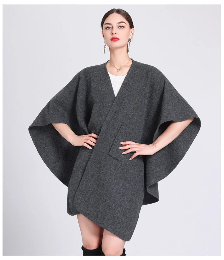 Fashion Side Strap Wool-Blend Poncho Cape – Autumn/Winter Women’s Cardigan Shawl Cloak