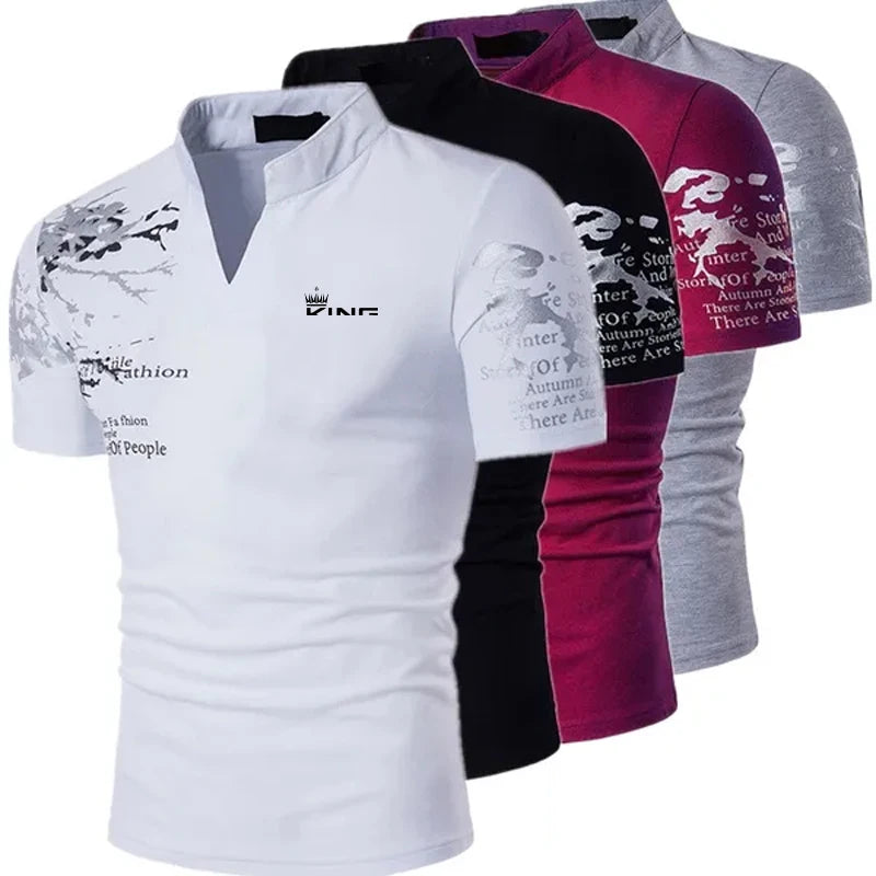 Men’s Graphic Print Polo Shirt – V-Neck Short Sleeve Streetwear
