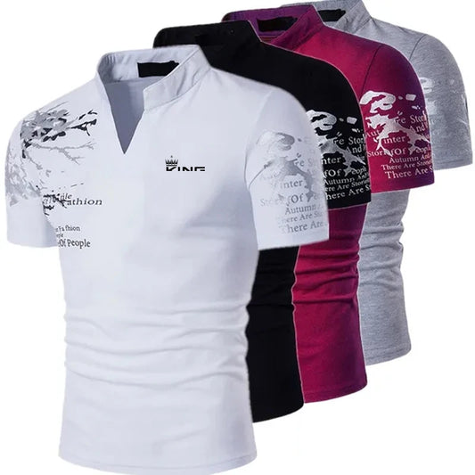 Men’s Graphic Print Polo Shirt – V-Neck Short Sleeve Streetwear