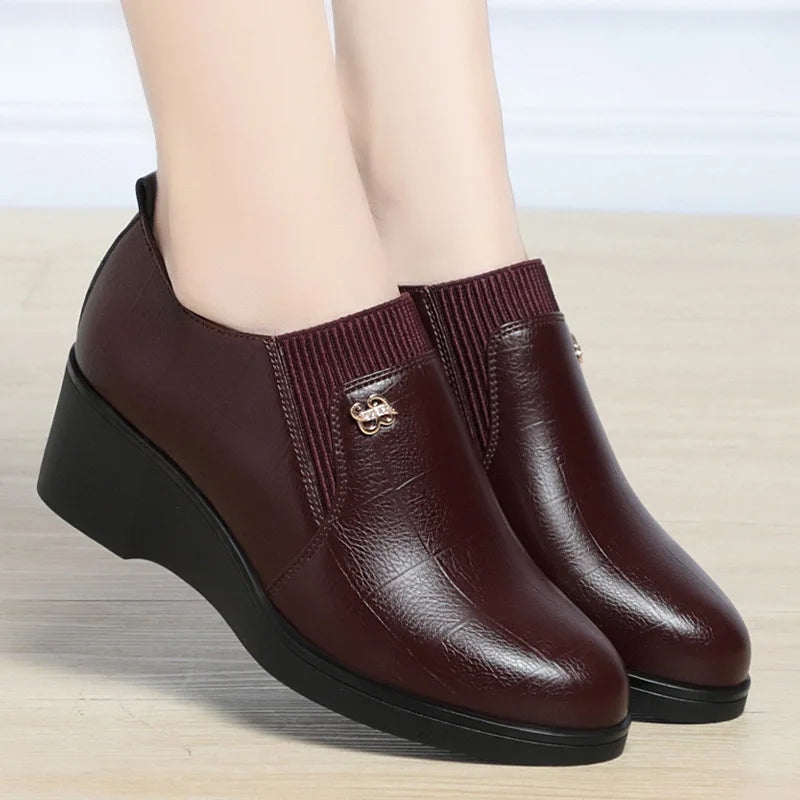New Trendy Wedge Heel Leather Shoes for Women