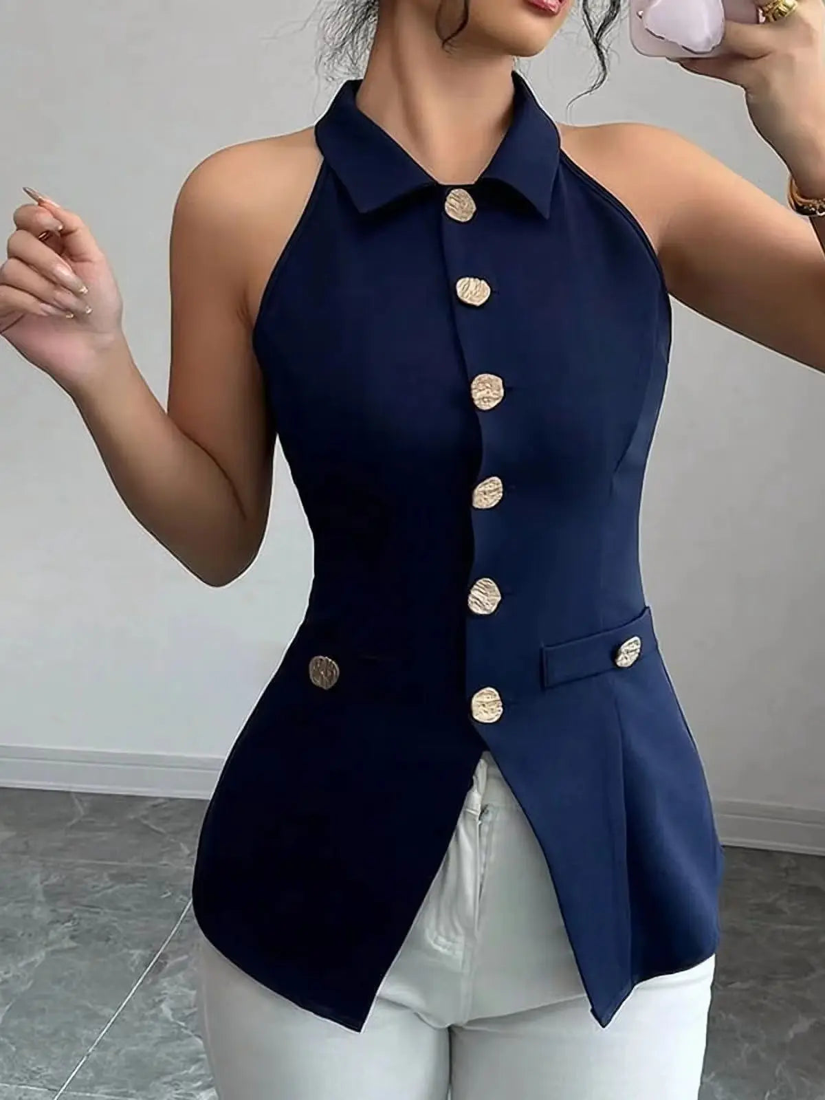 Women's Sleeveless Collared Button-Down Suit Vest – Slim Fit Business Casual Top
