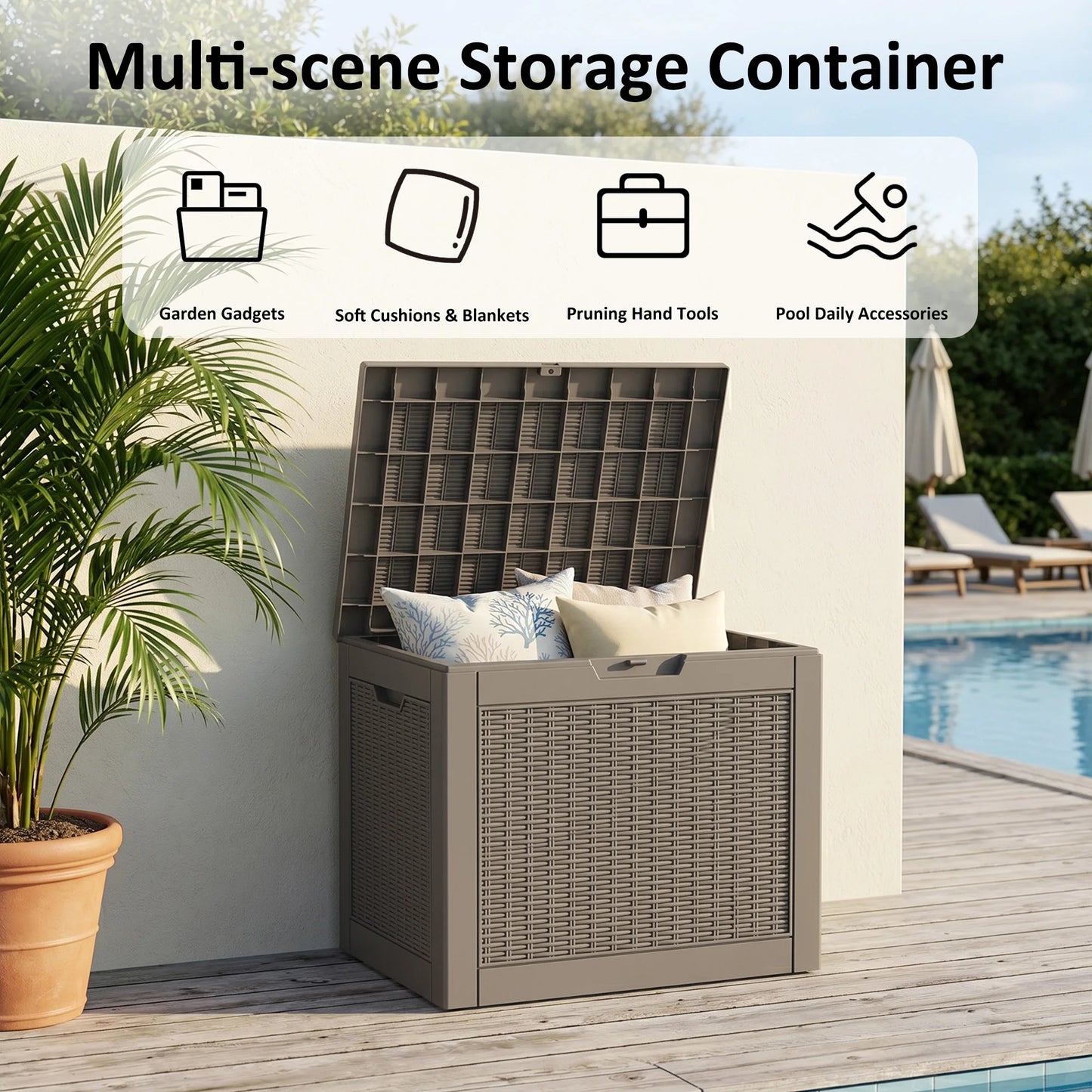 30-Gallon Gray Rattan-Textured Resin Outdoor Deck Storage Box (Weatherproof)